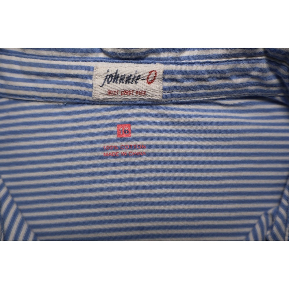 Johnnie-O Boys Striped Polo Shirt Blue‎ White Cotton Short Sleeve Size 16 Prep - Picture 2 of 2
